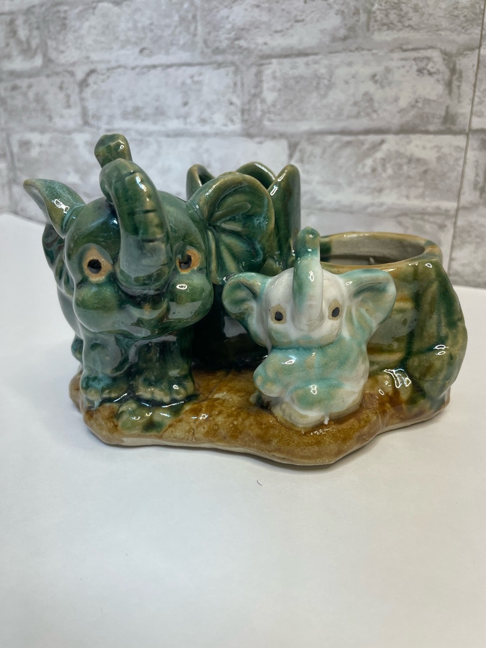Vintage Majolica Lucky Elephant Double Planter Trunks Up Ceramic Rare HTF 6”